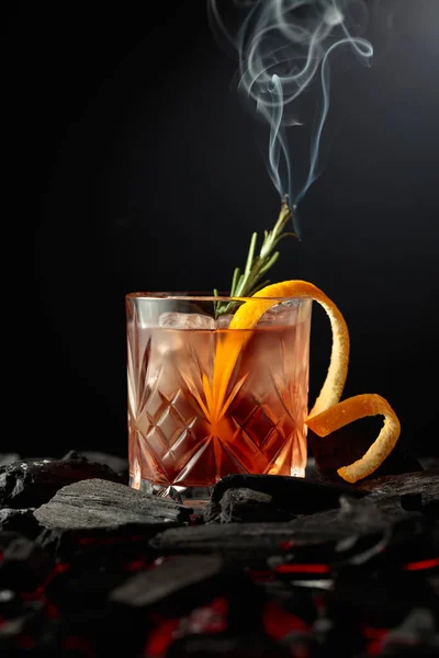 Old Fashioned Cocktail Ice Orange Peel Rosemary Whiskey Burning Twig — Stock Photo, Image