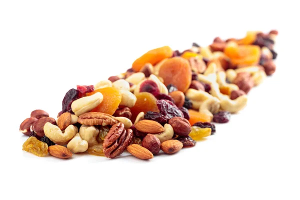 Mix Nuts Dried Fruits Isolated White Background Presented Apricots Raisins — Stock Photo, Image