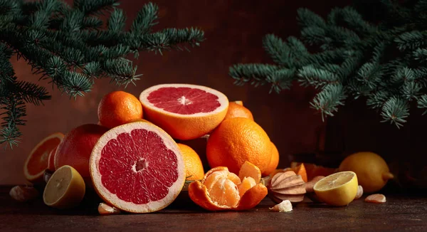Citrus Fruits Branch Spruce Brown Background Christmas Still Life Oranges — Stock Photo, Image