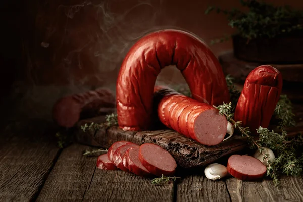 Smoked Sausage Thyme Garlic Sausage Natural Smoke Wooden Table — Stock Photo, Image