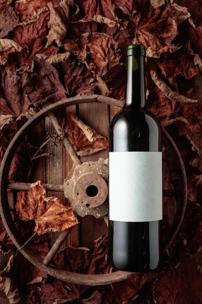 Bottle Red Wine Rusty Wheel Dried Vine Leaves Old Expensive — Stock Photo, Image