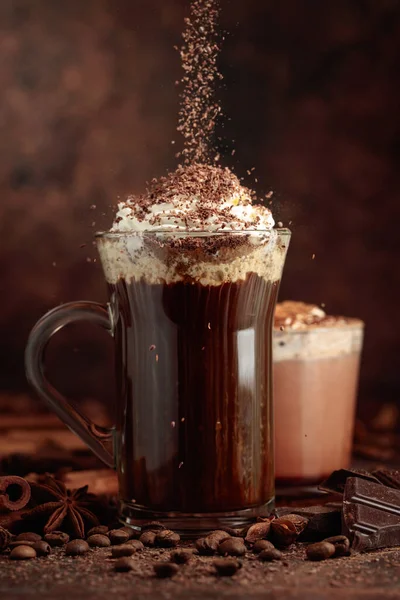 Coffee Hot Chocolate Whipped Cream Sprinkled Chocolate Crumbs — Stock Photo, Image