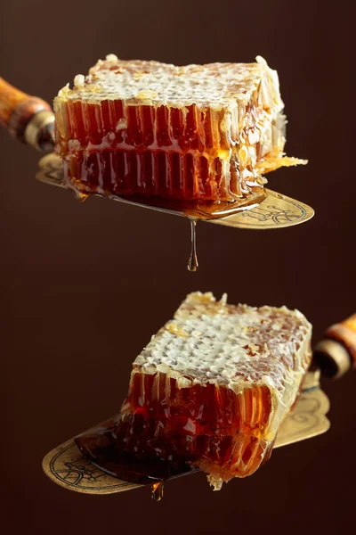 Close Honeycombs Antique Brass Spatula — Stock Photo, Image