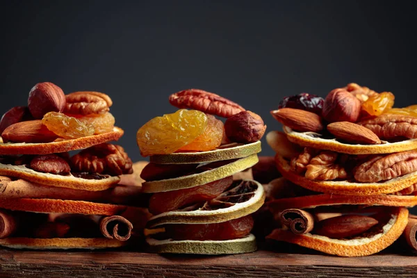 Christmas Still Life Dried Fruits Nuts Old Wooden Table — Stock Photo, Image