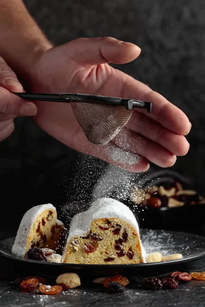 Traditional Fruit Cake Raisins Nuts Sprinkled Sugar Powder — Stock Photo, Image