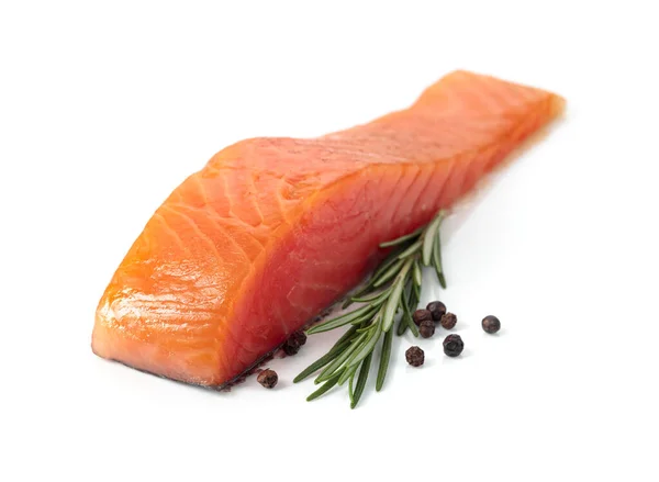 Raw Salmon Piece Rosemary Peppercorn Isolated White Background —  Fotos de Stock