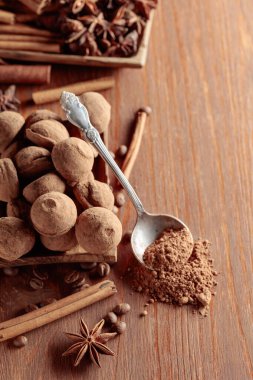 Tahta bir masada tarçın, anason ve kahve çekirdekli lezzetli çikolatalı trüf..