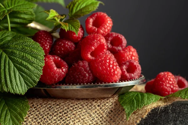 Ripe Juicy Raspberries Small Metal Dish Copy Space — Stockfoto
