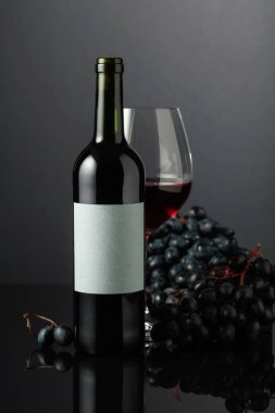 Red wine and blue grapes on a black reflective background. On the bottle old empty label.