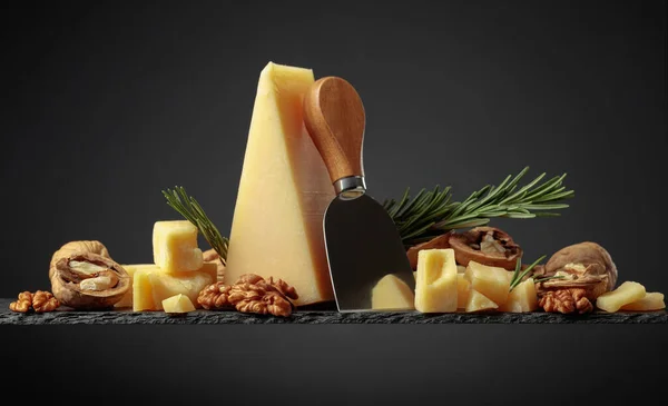 Parmesan Cheese Knife Rosemary Walnuts Black Background — Photo
