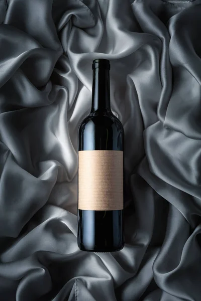 Bottle Red Wine Empty Label Grey Satin Background Top View —  Fotos de Stock