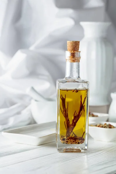 Olive Oil Rosemary Spices White Wooden Table — Fotografia de Stock