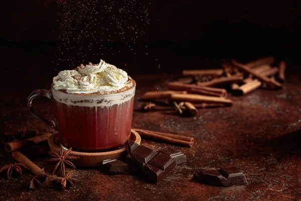 Chocolate Caliente Con Crema Batida Espolvoreada Con Cacao Polvo — Foto de Stock