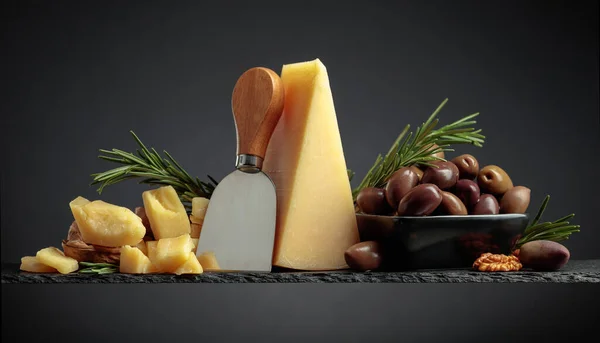 黒を基調としたナイフ オリーブ ローズマリーのパルメザンチーズ — ストック写真