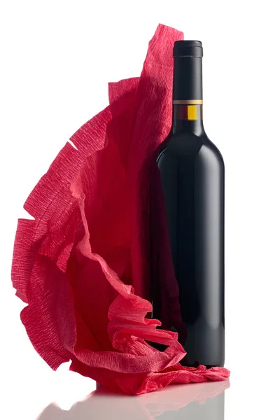 Bottle Red Wine Crumpled Red Crepe Paper Isolated White Background — Stock Photo, Image