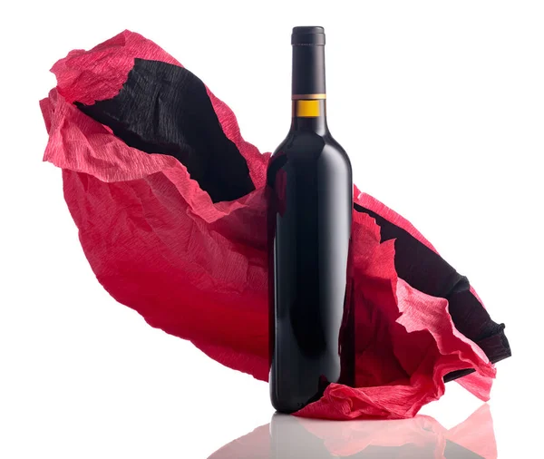 Bottle Red Wine Crumpled Red Black Crepe Paper Isolated White — Stock Photo, Image