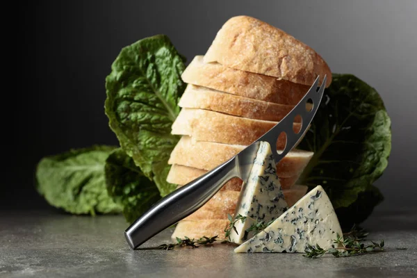 Голубой Сыр Хлебом Салатом Тимьяном Сырным Ножом — стоковое фото