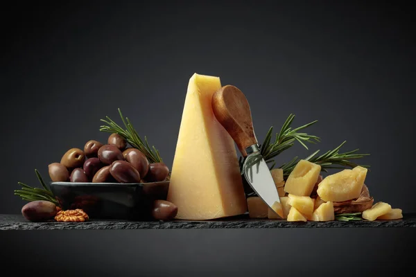 Parmesan Cheese Knife Olives Rosemary Black Background - Stock-foto