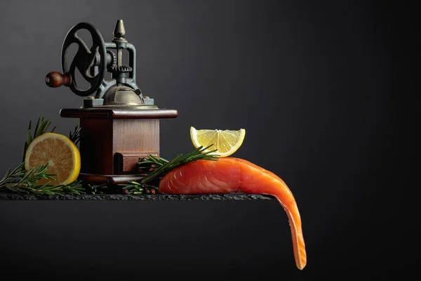 Salmon Rosemary Lemon Peppercorn Dark Background Copy Space — Stock Fotó