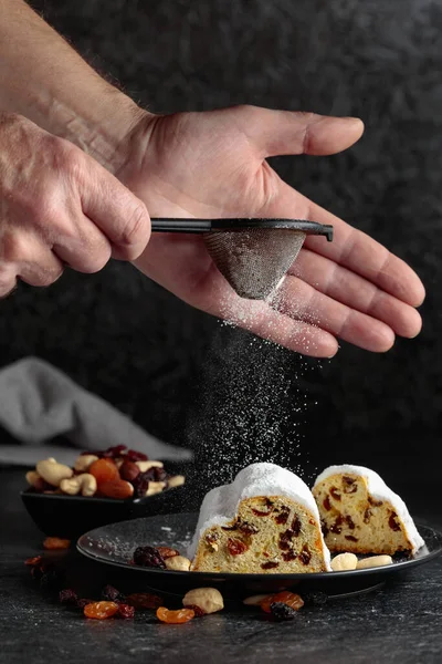 Traditional Fruit Cake Raisins Nuts Sprinkled Sugar Powder — Stock Photo, Image