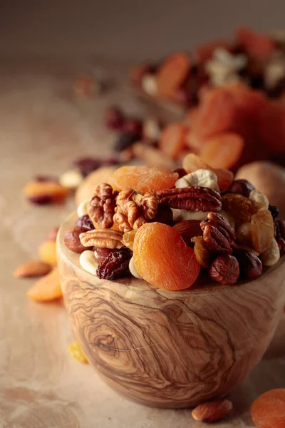 Dried Fruits Nuts Beige Ceramic Table Mix Nuts Apricots Raisins — Stock Photo, Image