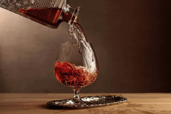 Brandy Poured Decanter Snifter Glass Cognac Oak Table Copy Space — Stock Photo, Image