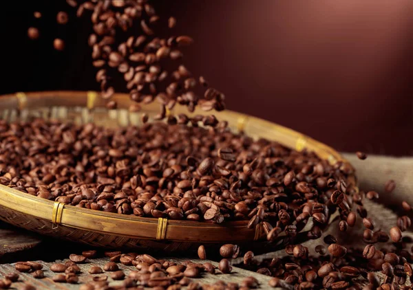 Medium Roasted Coffee Beans Poured Basket Copy Space — Foto de Stock