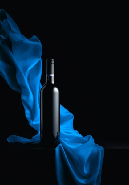 Bottle Red Wine Flutters Blue Cloth Black Background — Stock Photo, Image