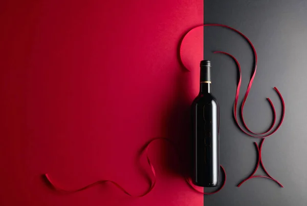 Bottle Red Wine Red Satin Ribbons Top View — Stockfoto