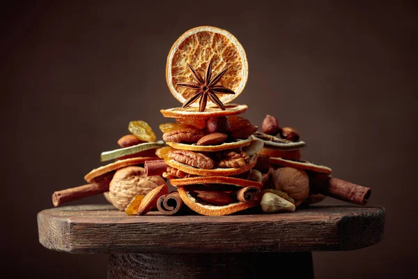 Christmas Still Life Dried Fruits Nuts Spices Old Wooden Table — Stock Photo, Image