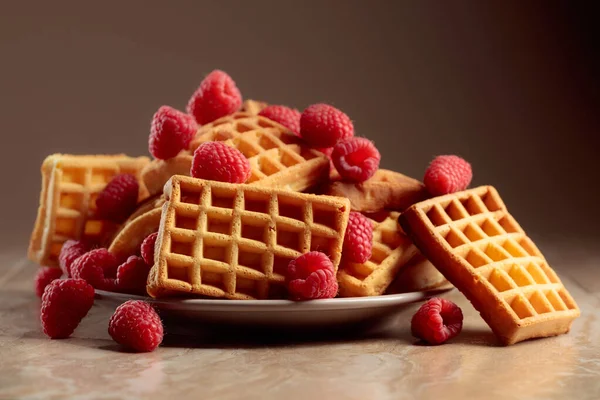 Waffles Belgas Com Framboesas Uma Mesa Cerâmica Marrom — Fotografia de Stock