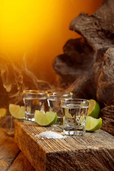 Tequila Salt Lime Slices Old Wooden Board —  Fotos de Stock