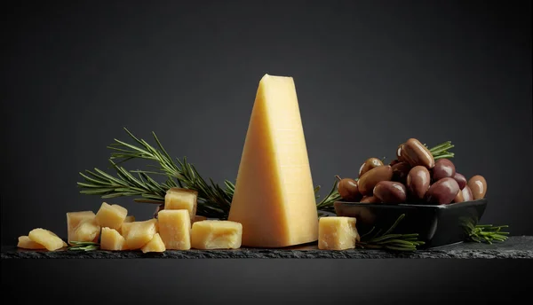 Parmesan Cheese Olives Rosemary Black Background — Foto Stock