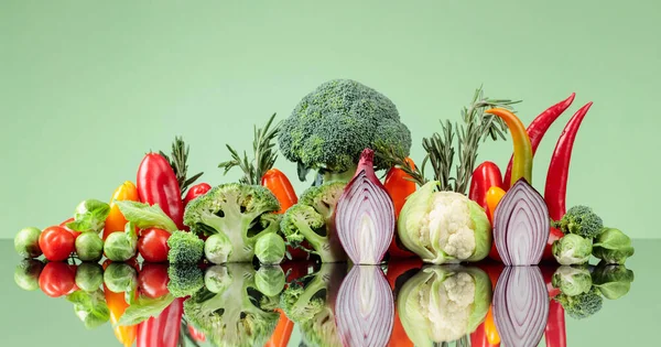 Composition Various Raw Vegetables Green Background Conceptual Image Topic Vegetarianism — Foto Stock