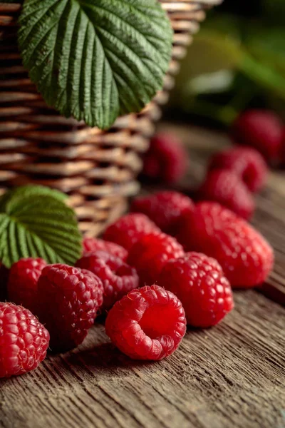 Ripe Juicy Raspberries Leaves Old Wooden Table — Photo