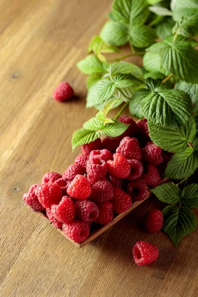 Ripe Juicy Raspberries Leaves Berries Wooden Dish Old Wooden Table — Photo