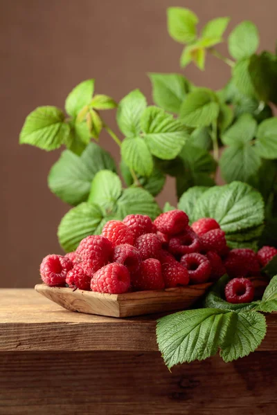 Ripe Juicy Raspberries Leaves Berries Wooden Dish Old Wooden Table — Stock Photo, Image