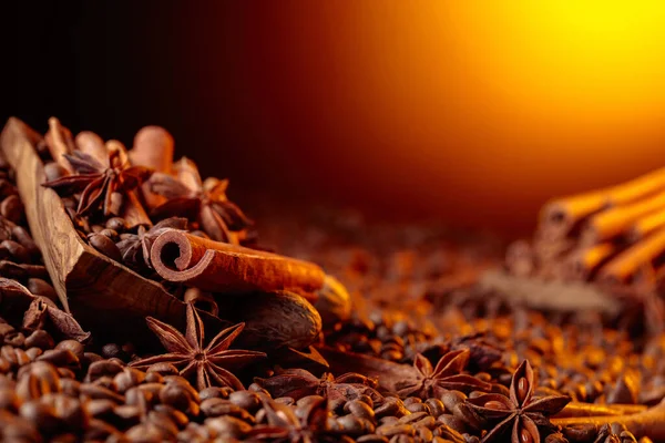 Roasted Coffee Beans Cinnamon Sticks Anise Nutmeg Selective Focus Copy — Stock Photo, Image