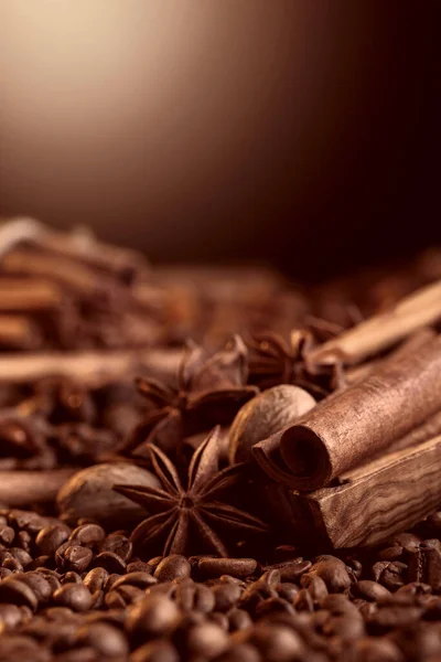 Roasted Coffee Beans Cinnamon Sticks Anise Nutmeg Selective Focus Copy — Foto de Stock