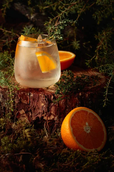 Cóctel Ginebra Tónico Con Naranja Tomillo Una Bebida Refrescante Helada — Foto de Stock