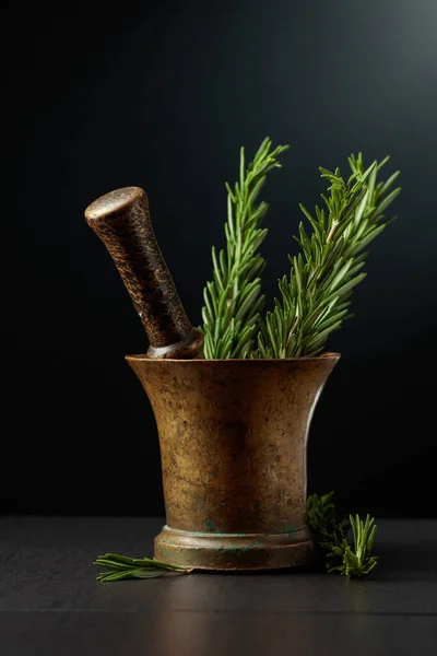 Old Brass Mortar Fresh Rosemary Branches Black Background — Stock Photo, Image
