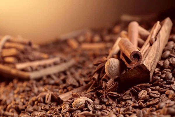 Roasted Coffee Beans Cinnamon Sticks Anise Nutmeg Selective Focus Copy — Photo