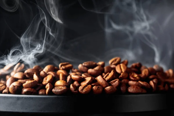 Steaming Coffee Beans Black Background Selective Focus Copy Space — Foto de Stock