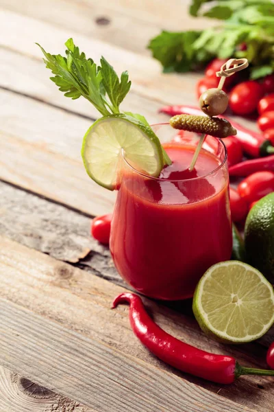 Bloody Mary Cocktail Garnished Gherkin Olive Lime Celery Tomato Drink — Stock Photo, Image