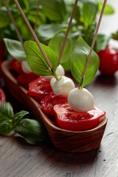 Mozzarella Basil Tomatoes Old Wooden Table Traditional Italian Snack — Photo