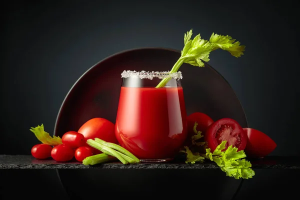 Fresh Tomato Juice Cocktail Bloody Mary Glass Celery Heap Ripe — Stock Photo, Image