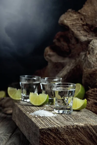 Tequila Salt Lime Slices Old Wooden Board — Foto de Stock