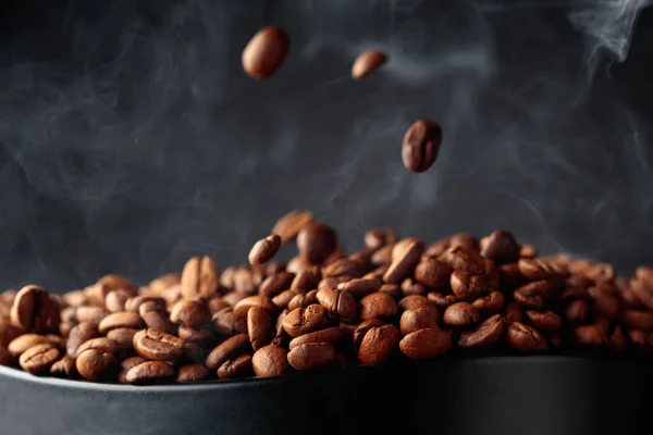 Steaming Coffee Beans Movement Black Background — Foto de Stock