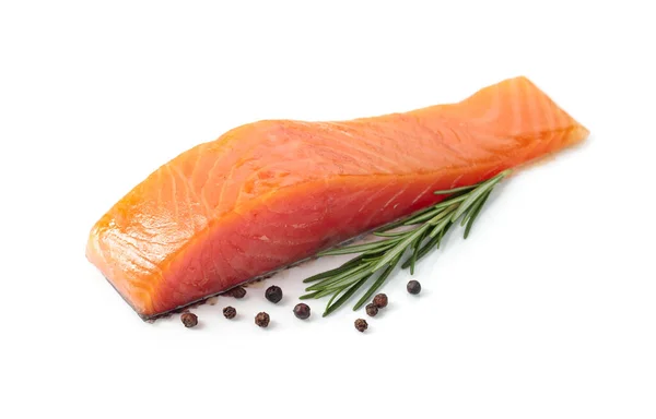 Raw Salmon Piece Rosemary Peppercorn Isolated White Background — Zdjęcie stockowe