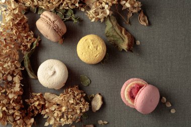 Kurumuş çiçekli lezzetli renkli badem kurabiyeleri. Üst görünüm.